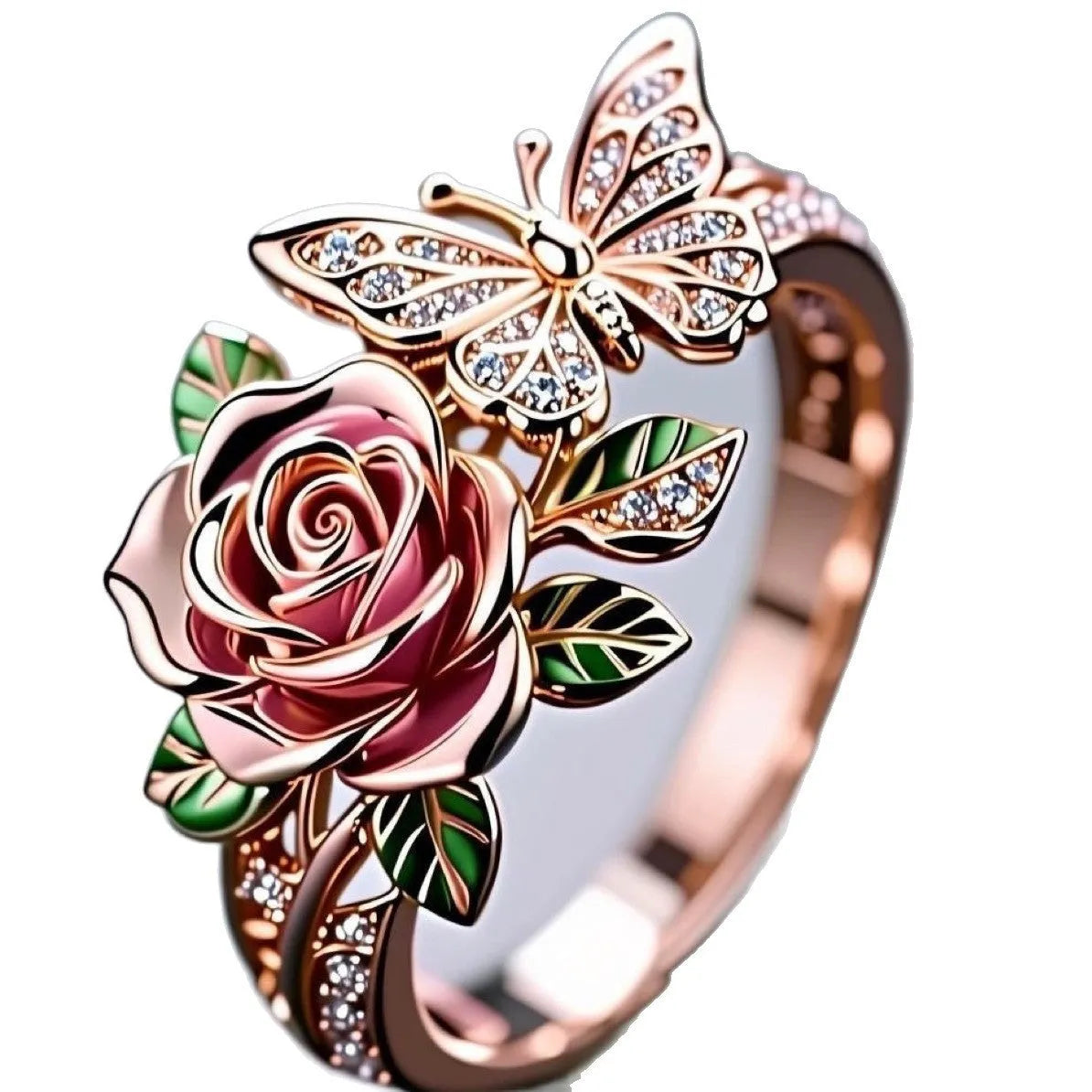 Adjustable alloy personality ring with colourful dripping oil finish showing butterfly and floral modelling