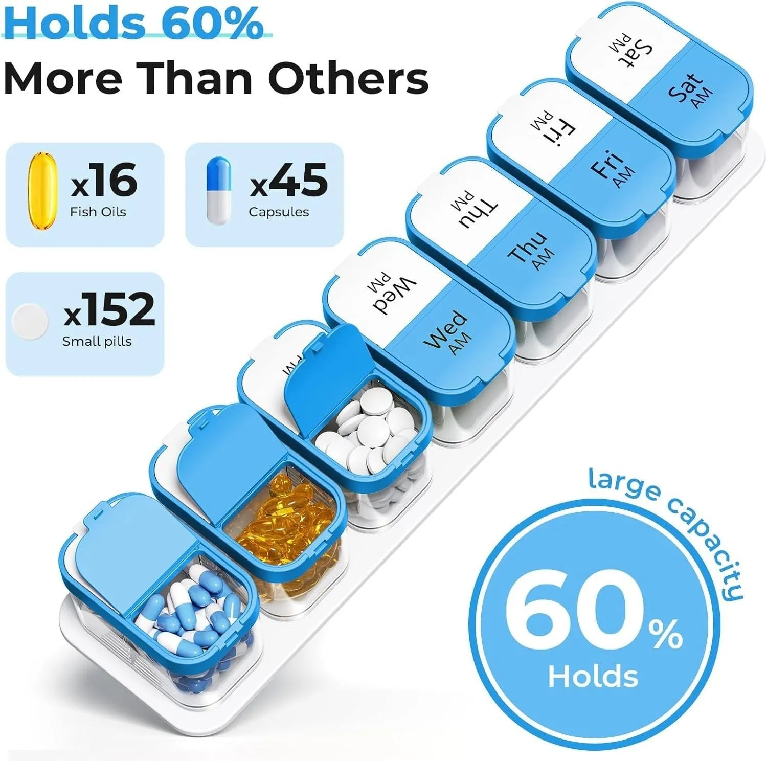 Amazon extra large pill dispenser with 14 removable compartments in white or rainbow colour