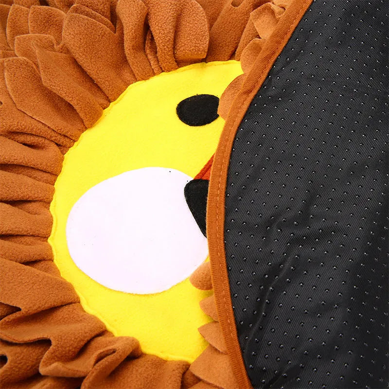 Brown dog snuffle mat with 16 removable fleece strips for hiding treats, measuring 33x25 cm
