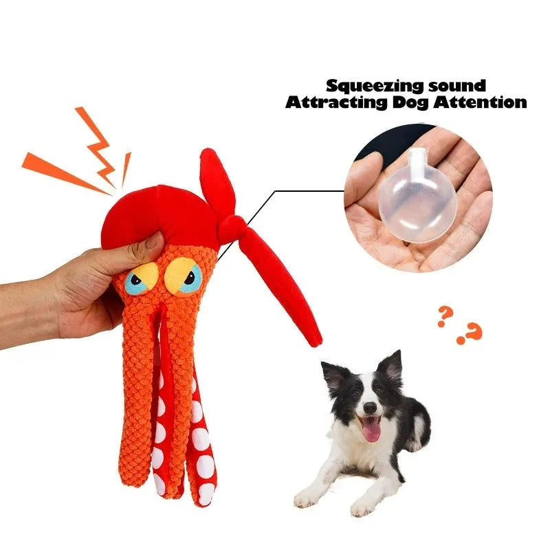 Orange octopus plush dog toy with squeaker for dental cleaning pet supplies