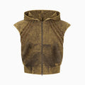Stitching fur washed sleeveless hooded vest for teenagers in black and gray, front view with zipper