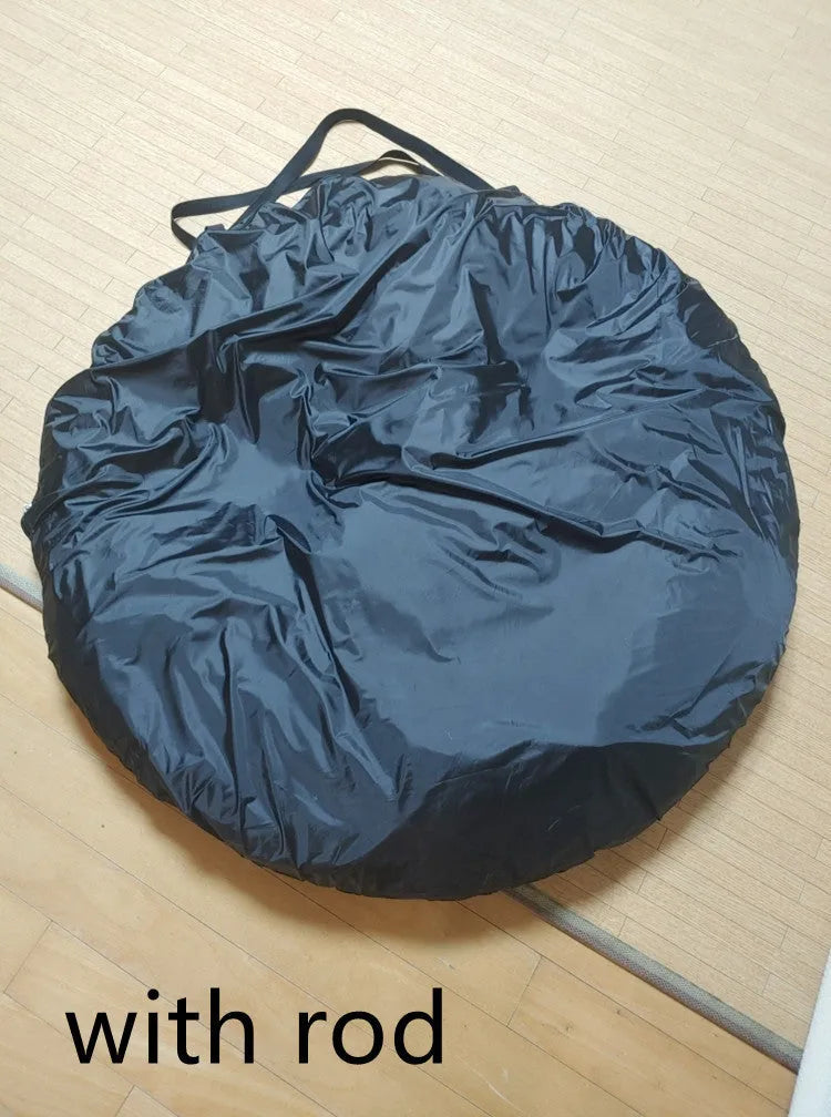 Black pop-up car tail tent with steel frame poles unfolded to 200cm cubic dimensions