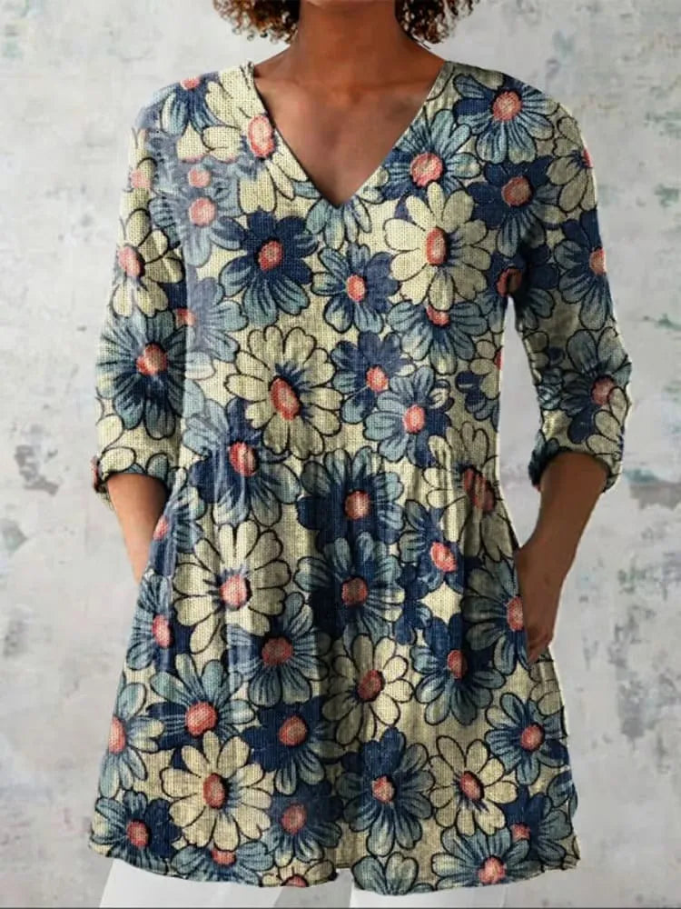 Women's retro slim fit printed long-sleeved polyester top in various colours and sizes