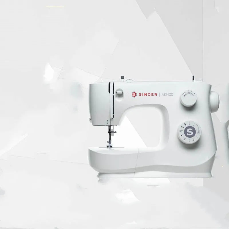 Portable household sewing machine M2405 on a table, compact design, 47x39x26cm, for thick fabric sewing