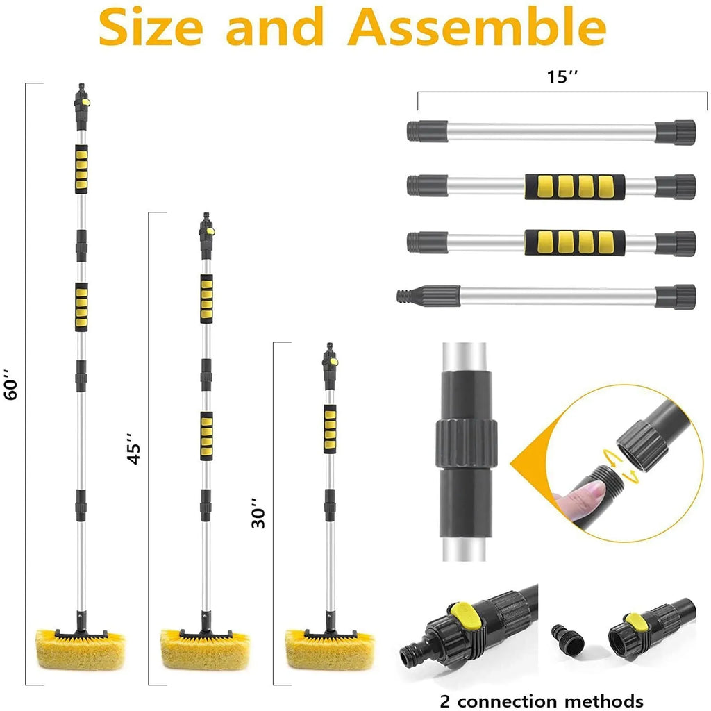 Yellow portable car wash brush with four-section rod on a clean car surface, showing flow-through design