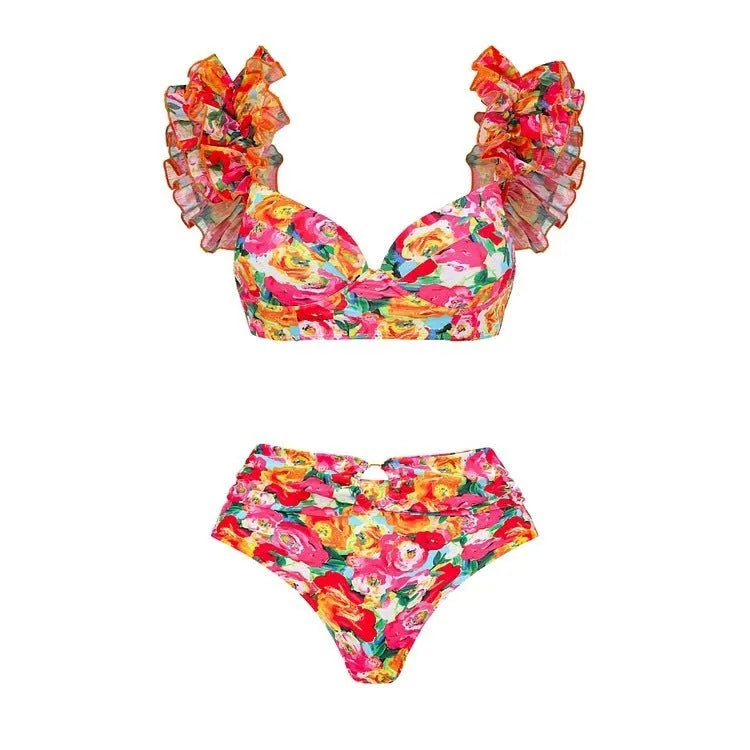 Y311 floral high waist push up bikini split swimsuit in blue floral print with brief and skirt options