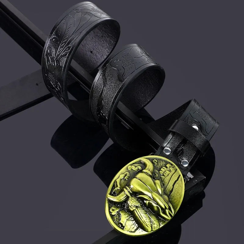 Men's brown imitation leather belt with alloy cow head buckle showing pin fastening