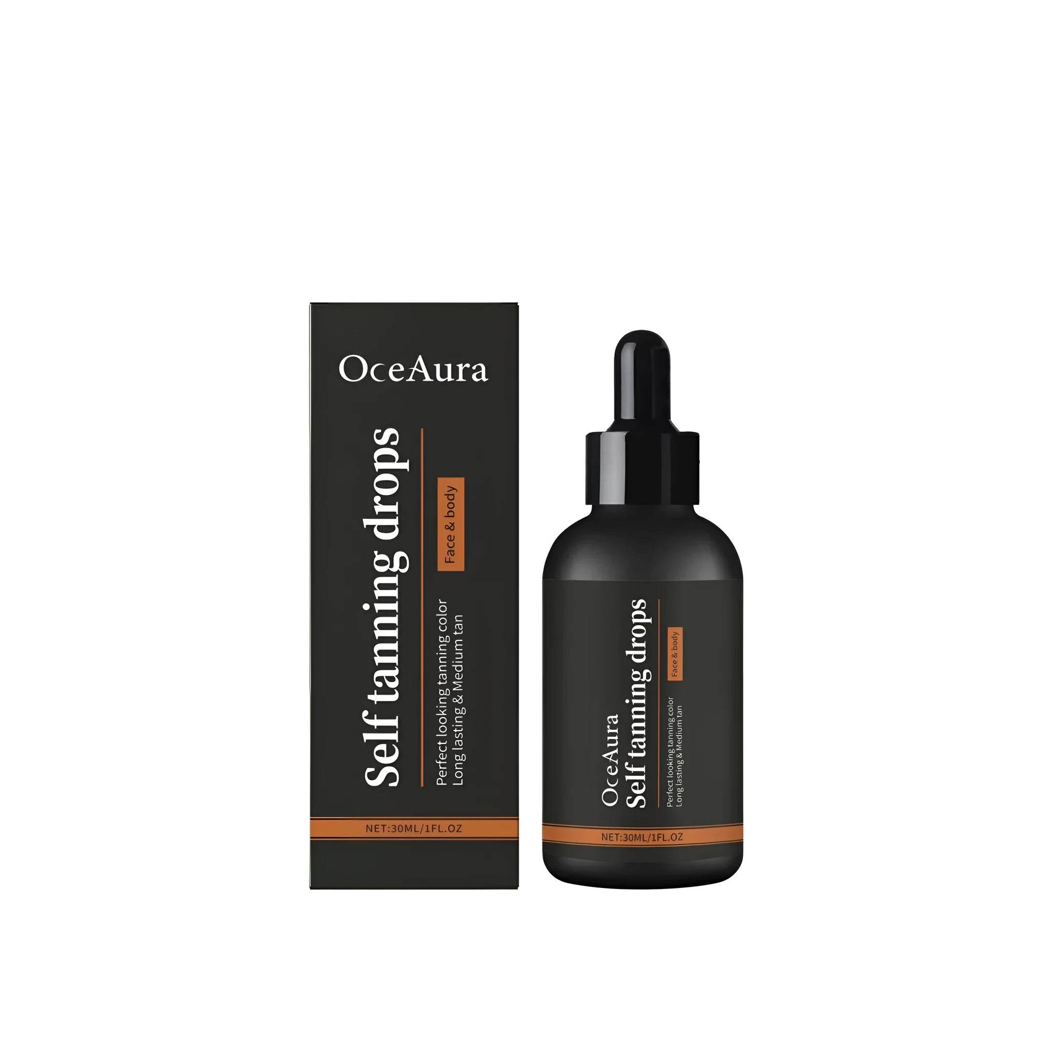 Self tanning drops 30ml bottle with dropper on white background