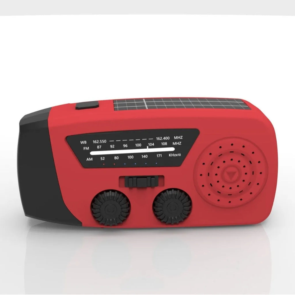 Red rechargeable hand radio emergency torch with ABS body, USB port, and wrist strap on plain background