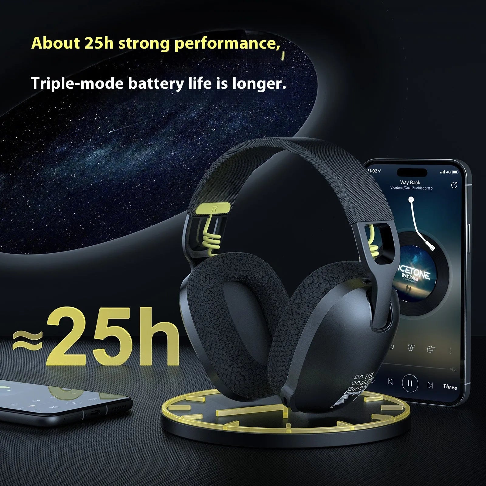 Wireless gaming headphone head-mounted style in black with Bluetooth and noise reduction