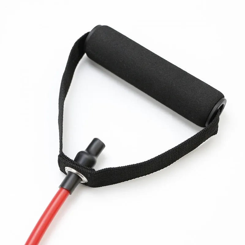 TPE chest expander exercise equipment showing five colour-coded resistance options from yellow 10LB to black 30LB with tension rope