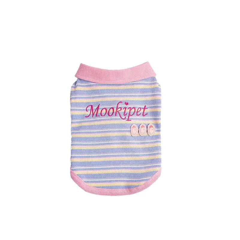 Pink purple vest for a small dog or cat on a mannequin, showing a basic autumn pet clothing design.