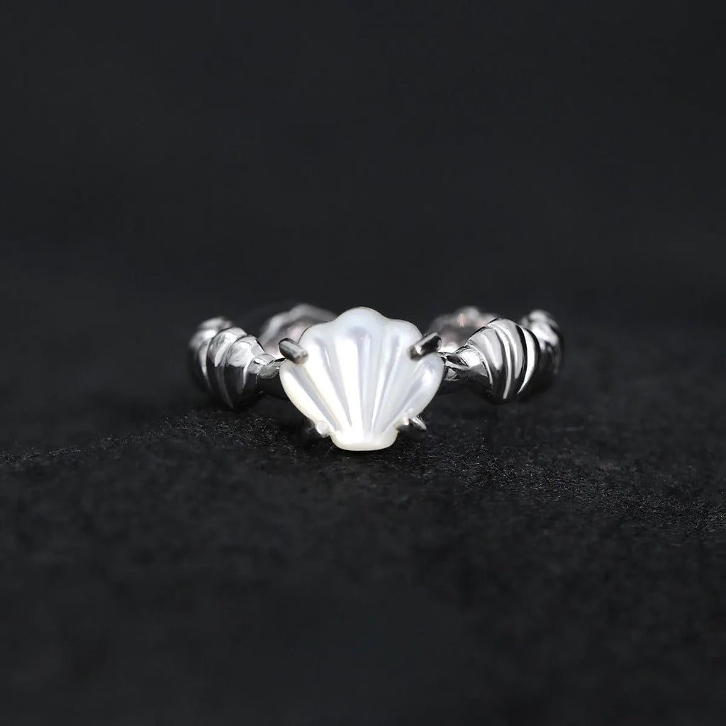 Women's adjustable silver ring with shell tiger eye stone design in white gold or 18K gold finish