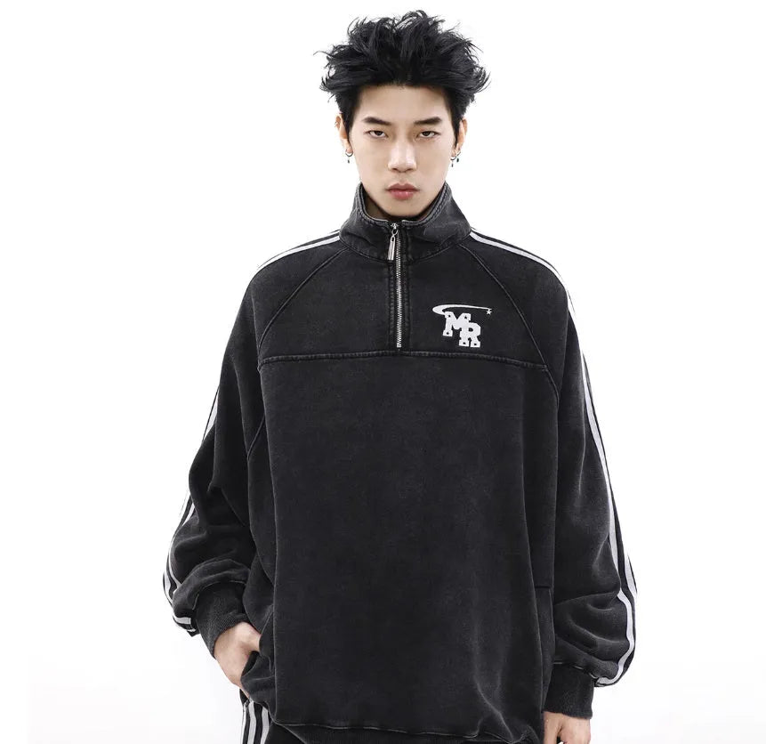 Black Hong Kong style stand collar hoodie with long sleeves for casual sports wear