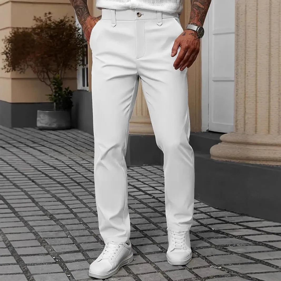 Men's solid colour straight polyester trousers in black, front view, suitable for business casual wear