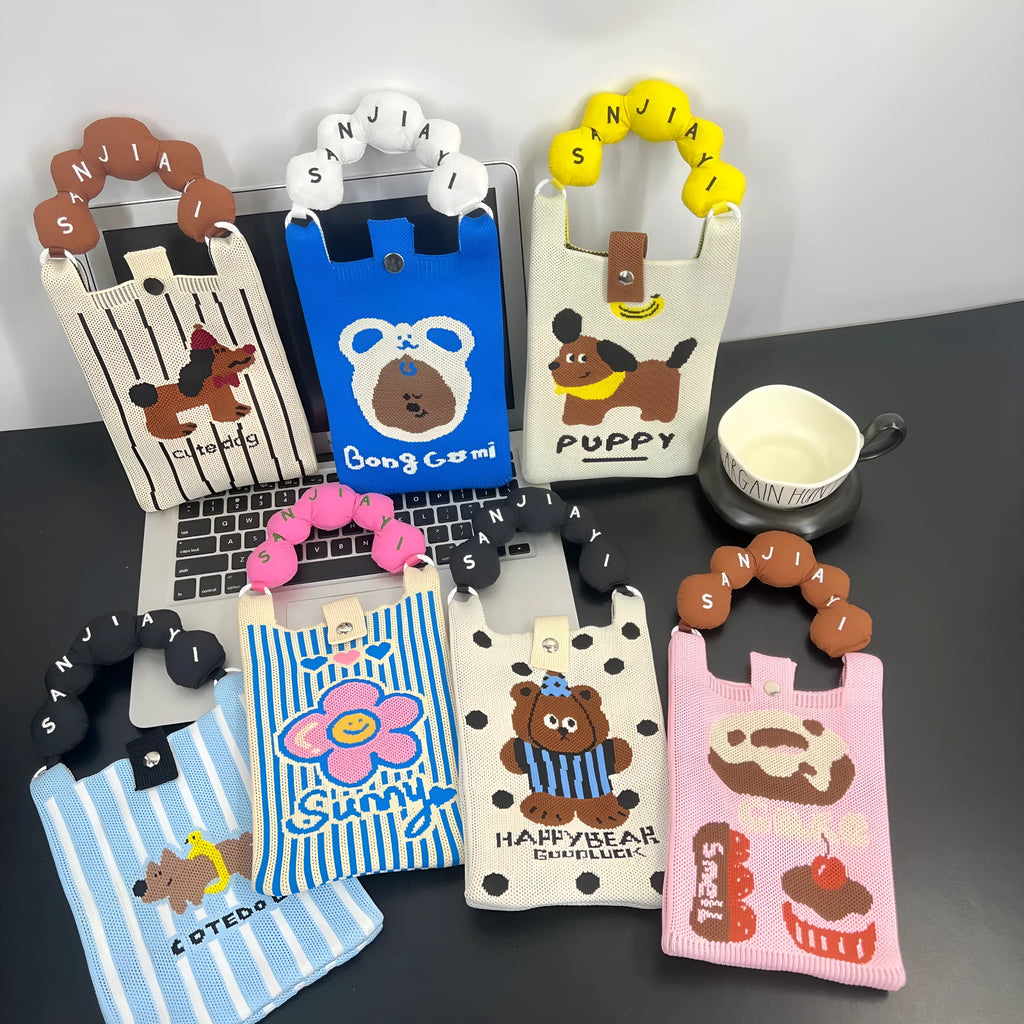 Cute cartoon knitted polyester messenger bag in square vertical shape with single shoulder strap, featuring an open pocket and mobile phone pocket.