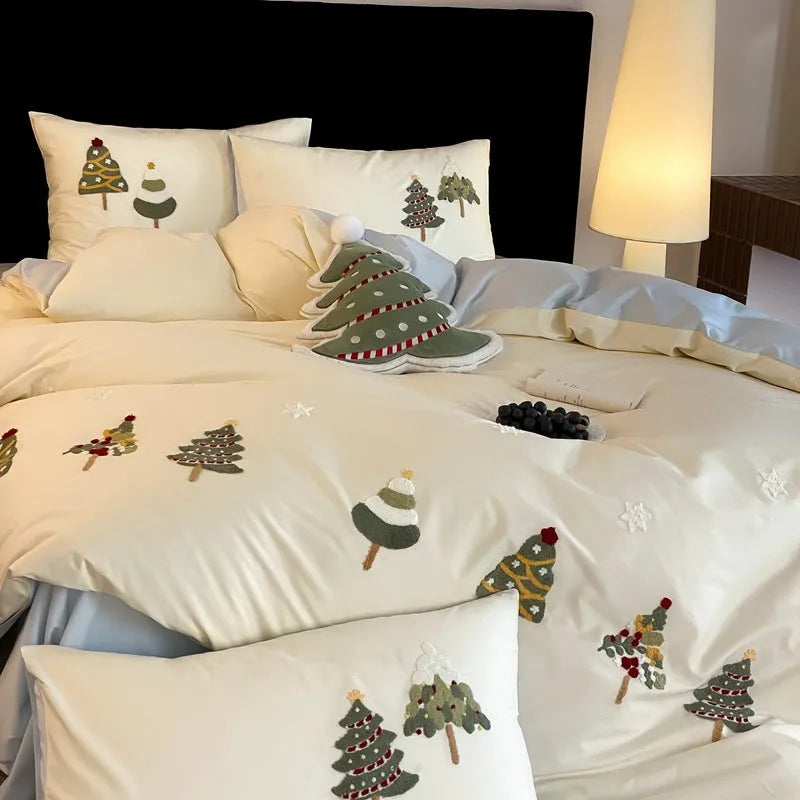 Cute Christmas tree and floral embroidered pure cotton four-piece bedding set in cream blue or green
