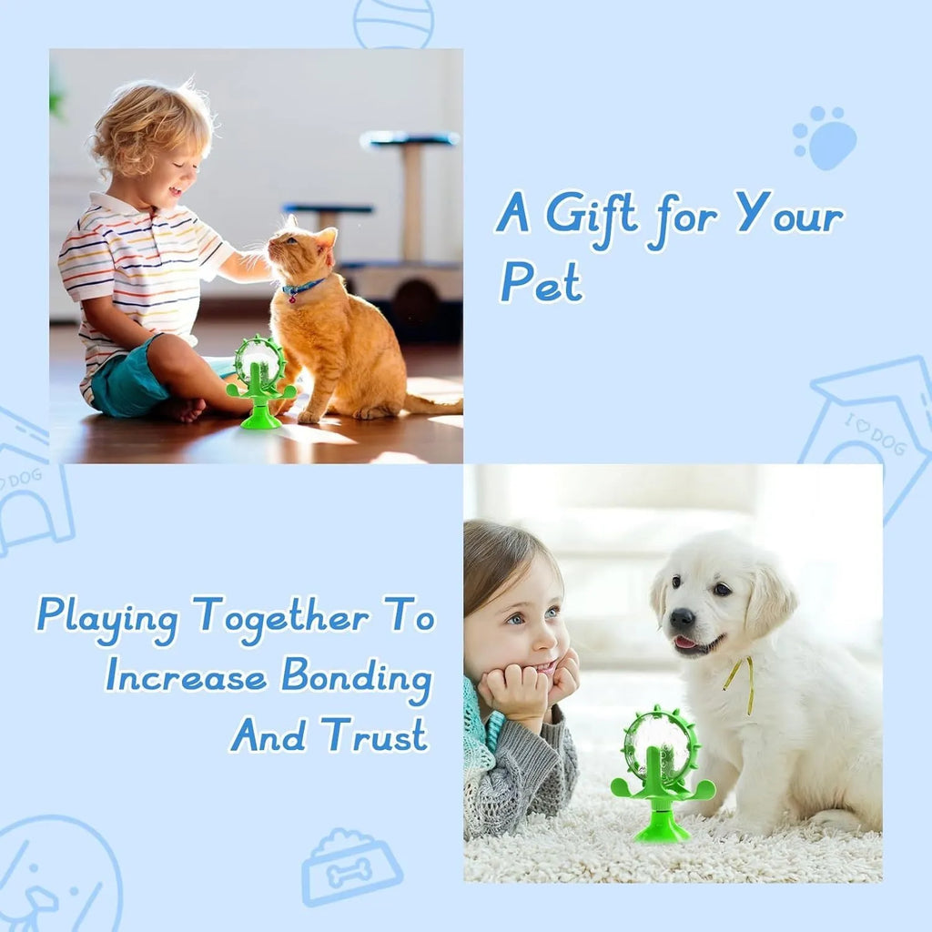 Interactive pet puzzle feeder toy with rotating food dispenser and sucker base in blue green red yellow