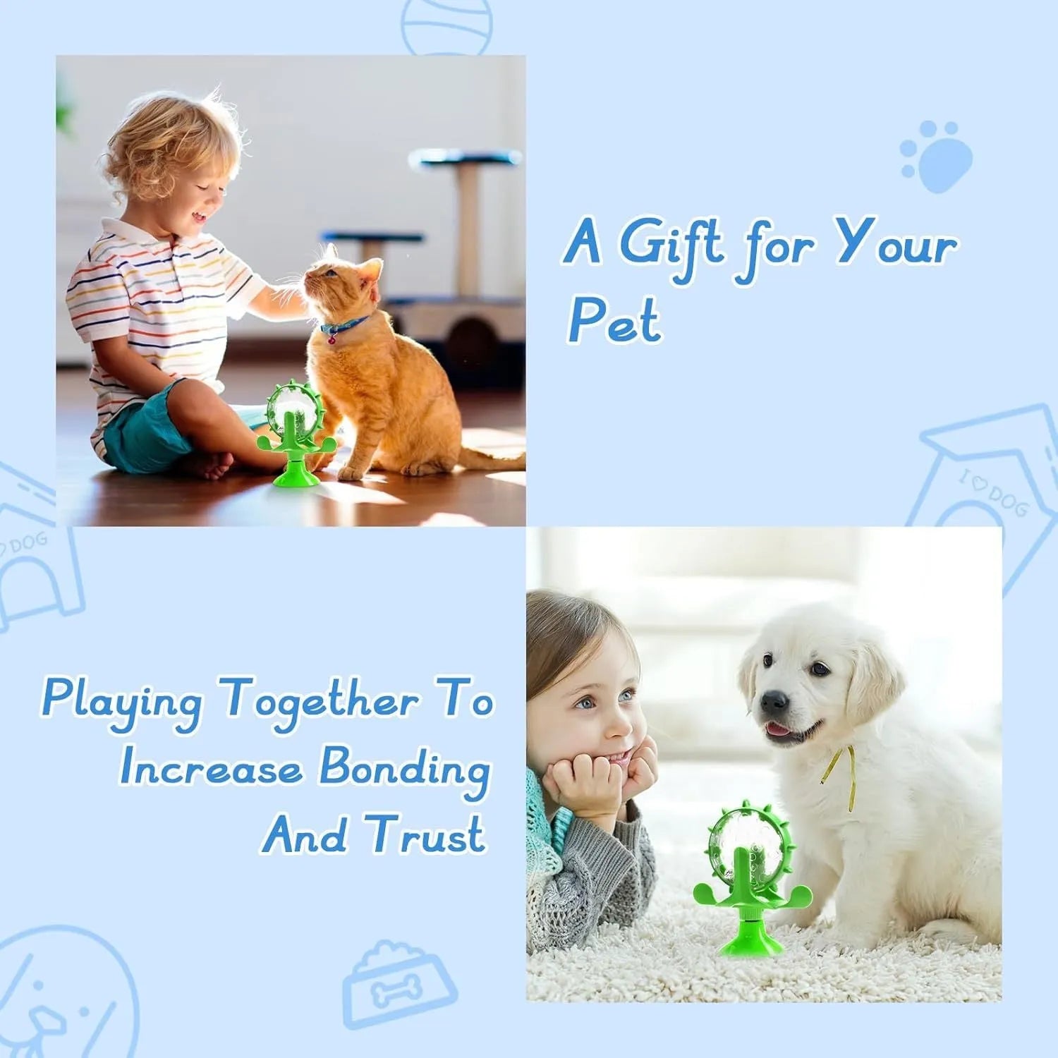 Interactive pet puzzle feeder toy with rotating food dispenser and sucker base in blue green red yellow