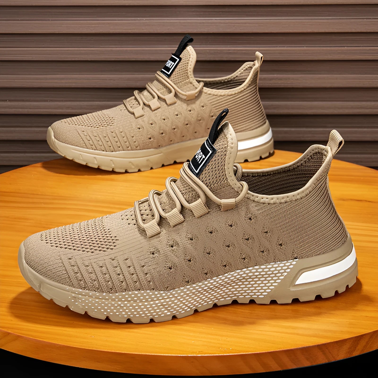 Men's solid-colour mesh casual shoes in army green, shown from a side angle