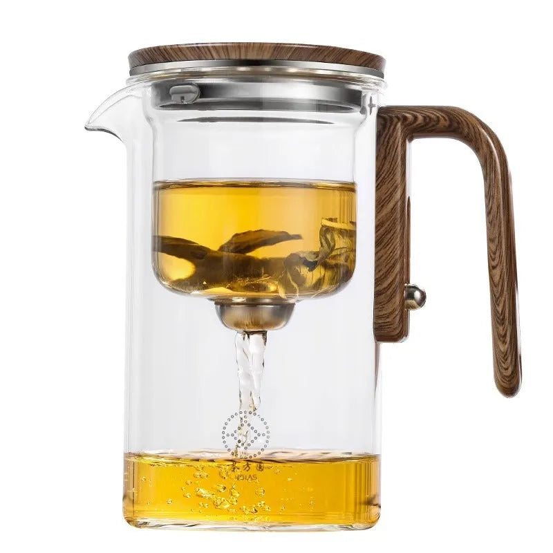 One click magnetic separation glass teapot with walnut wood handle and tea tray
