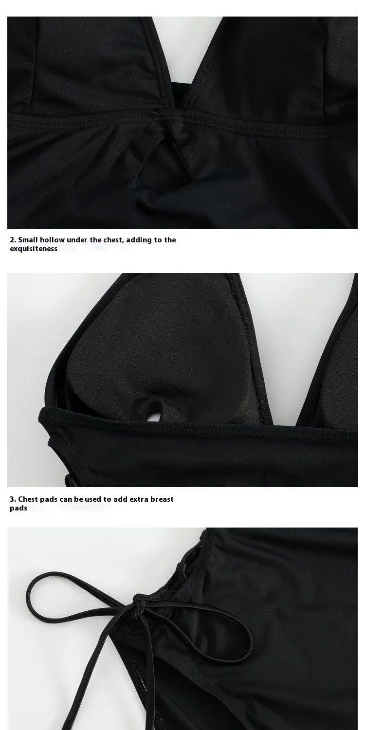 Women's V-neck hollow strap niche one-piece swimsuit in black polyester on a model