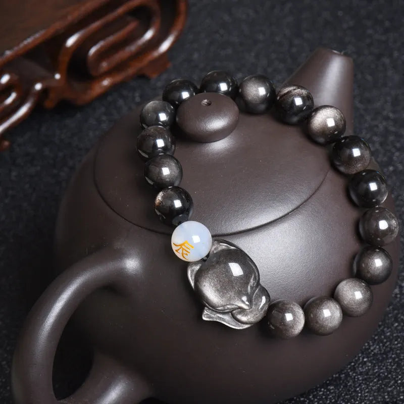 Natural obsidian bracelet 10mm zodiac guardian stone beads gold obsidian style