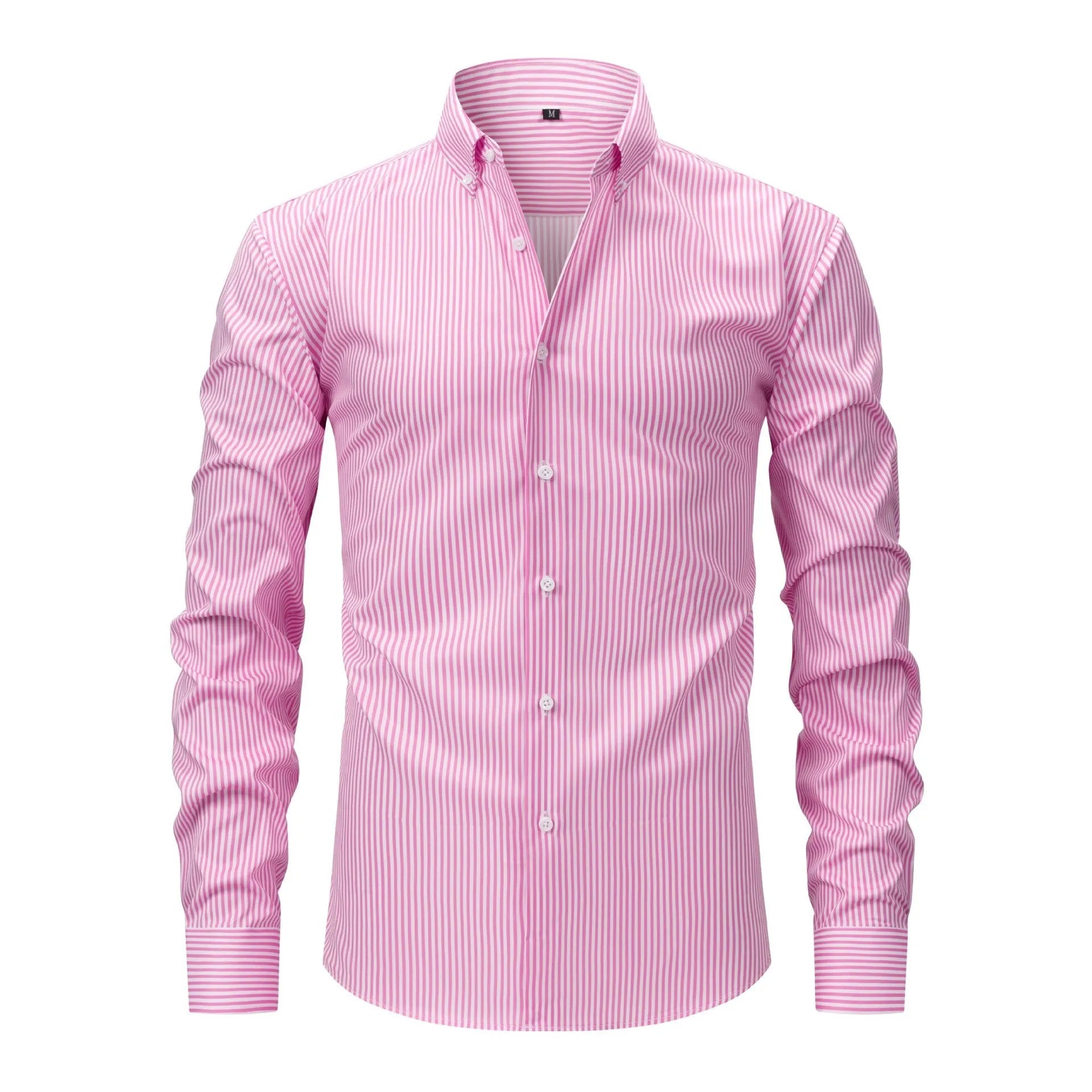 Man wearing a striped non-iron business casual shirt with a lapel collar in a neutral colour.