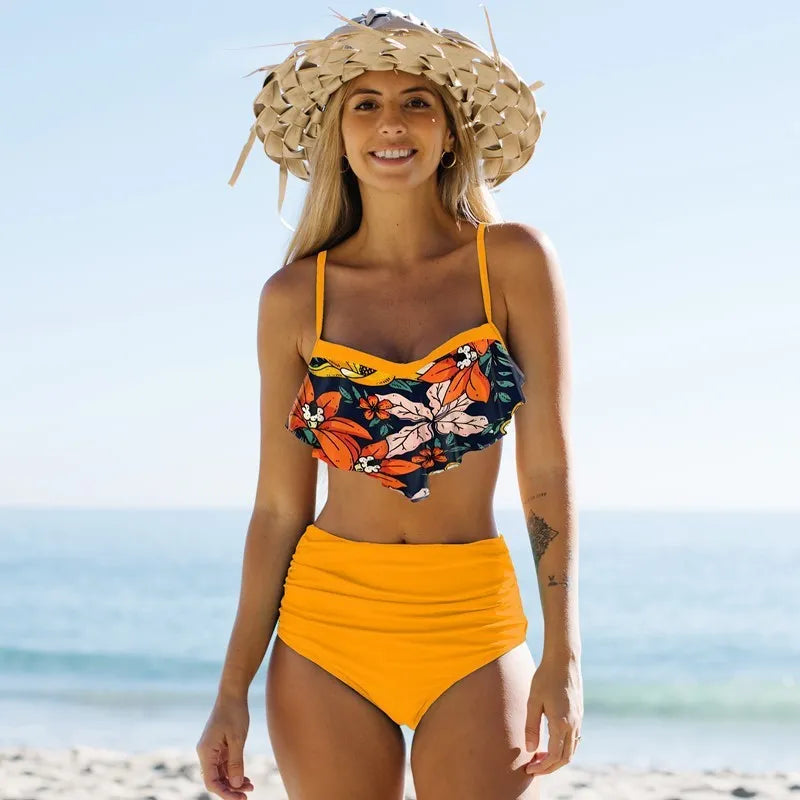 Green floral print women's swimsuit with pleated pants and high-waist design