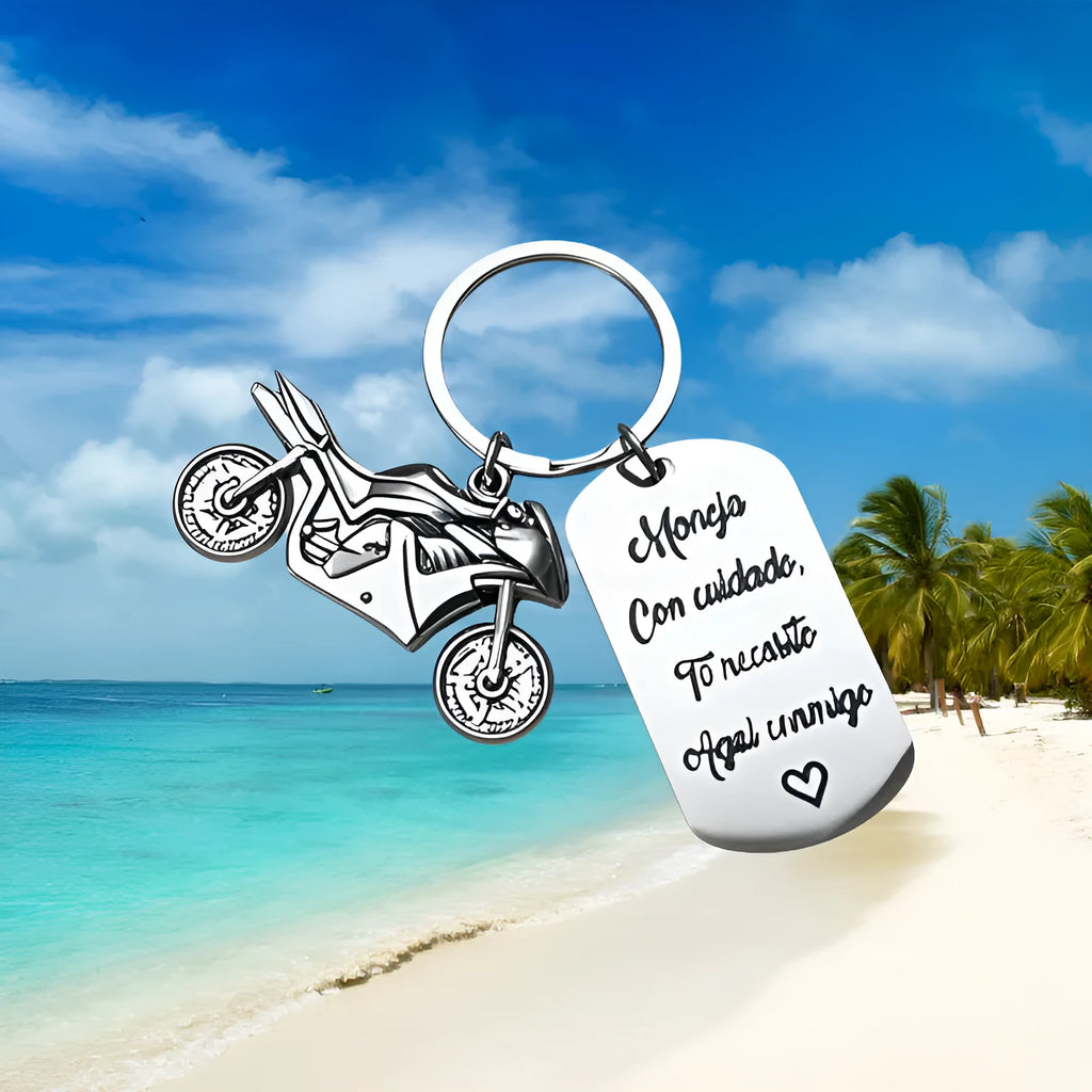 Stainless steel motorcycle keychain with inspirational design and flannel storage bag
