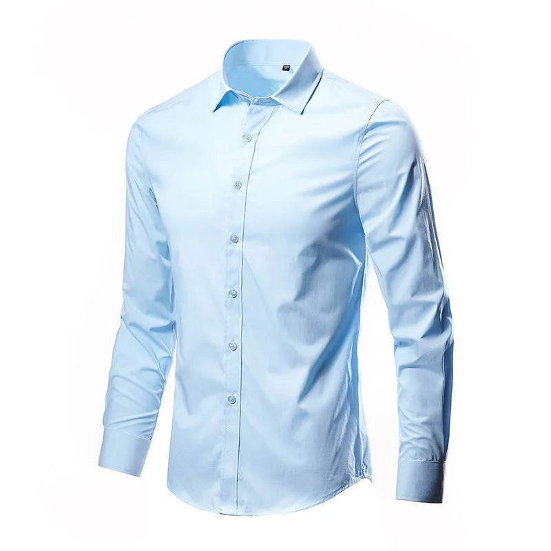 Men's loose-fit long-sleeve linen shirt on a hanger, shown in a light grey colour.