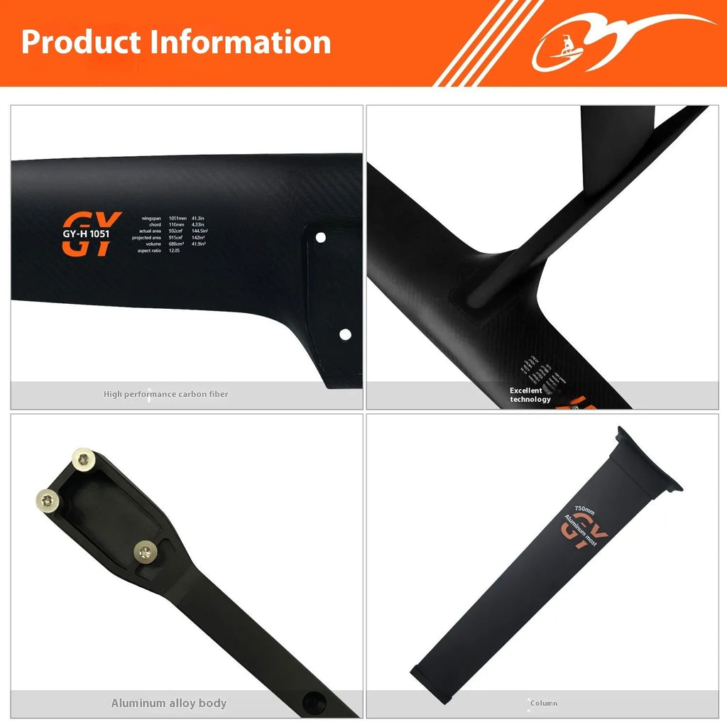 Black carbon fibre and aluminium alloy hydrofoil for surfing with 1051mm wide front wing