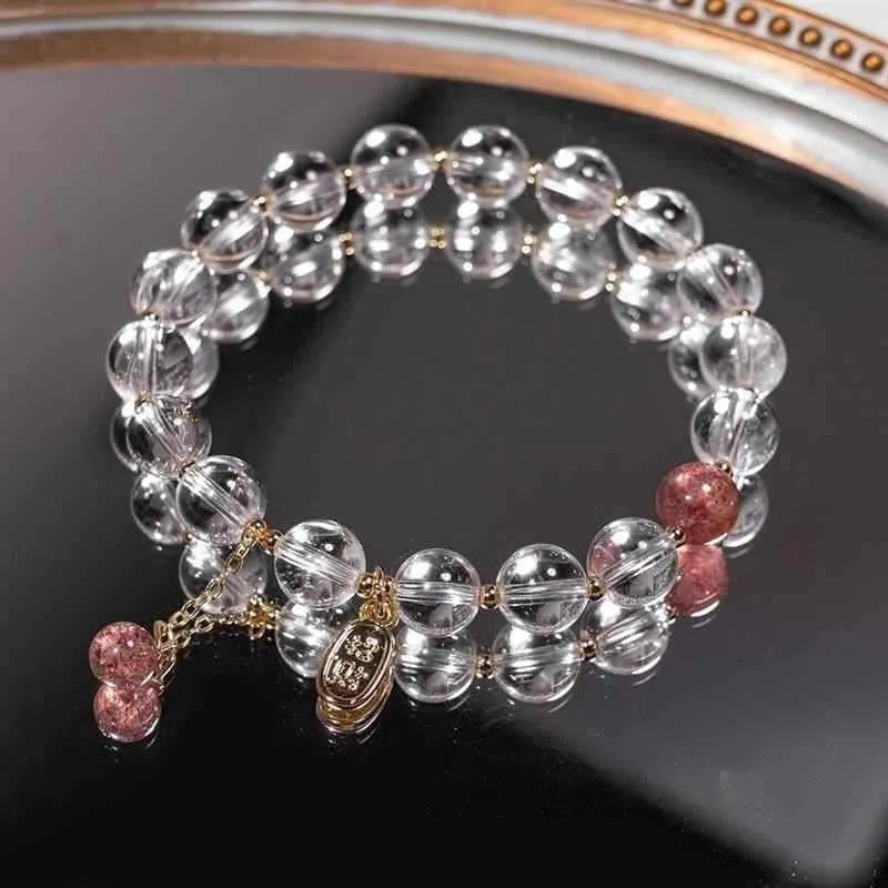 Natural white crystal lucky fortune bracelet with 8mm beads on a white background