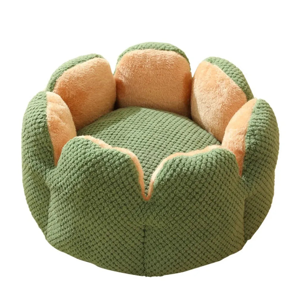 Green cactus petal shaped cat bed cave design with soft plush surface and non-slip bottom on hardwood floor