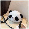 Soft plush crossbody bag with panda head design, cylindrical shape, and outer pocket.