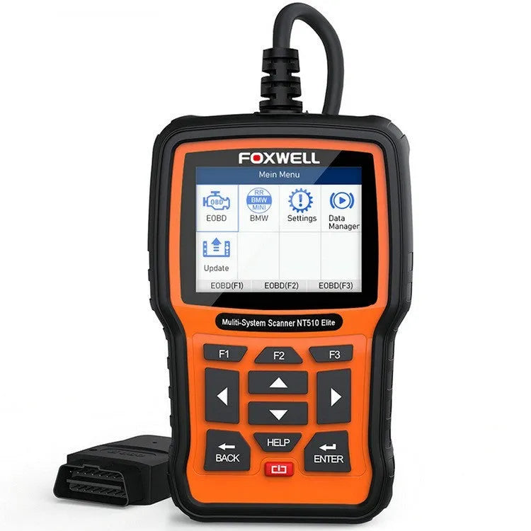 Foxwell NT510 orange and black automotive diagnostic tool with OBD2 scanner and TFT colour screen display