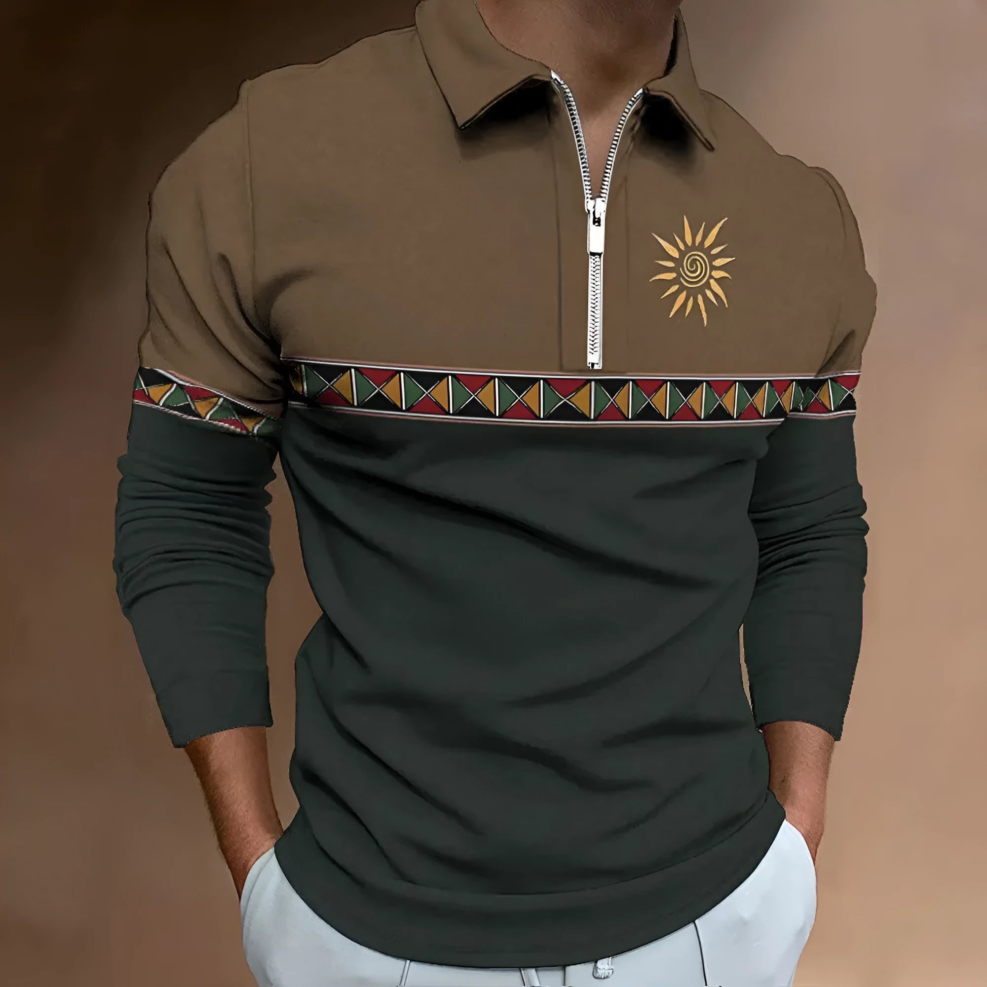 Men's loose-fit long sleeve polo shirt with retro colour printing and striped pattern.