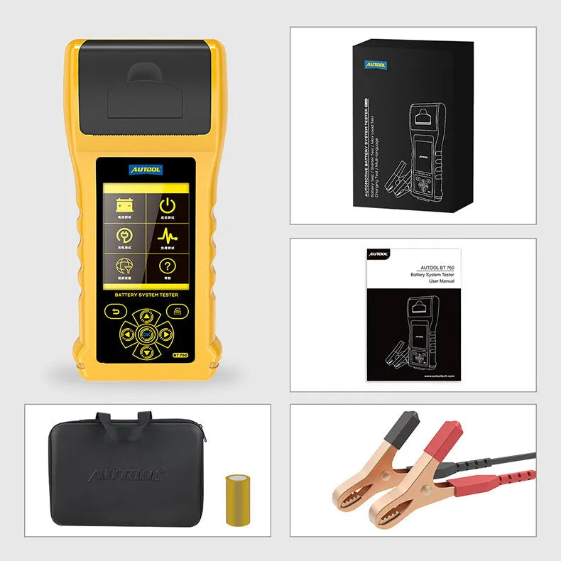 Autool BT760 colour screen automotive battery tester with attached clips and printed diagnostic receipt.