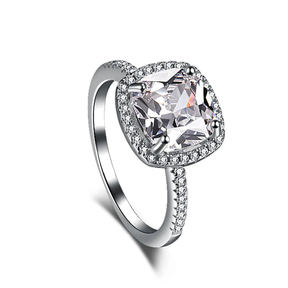 Sterling silver women's ring with fat square diamond silhouette and zircon treatment in sizes No 5 to No 10