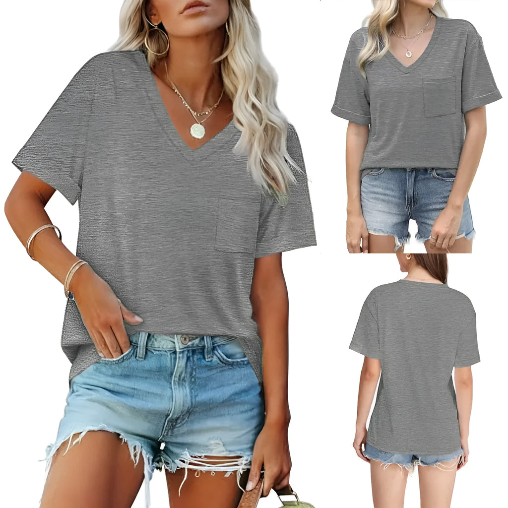 Grey loose fit V-neck short sleeve t-shirt on a hanger