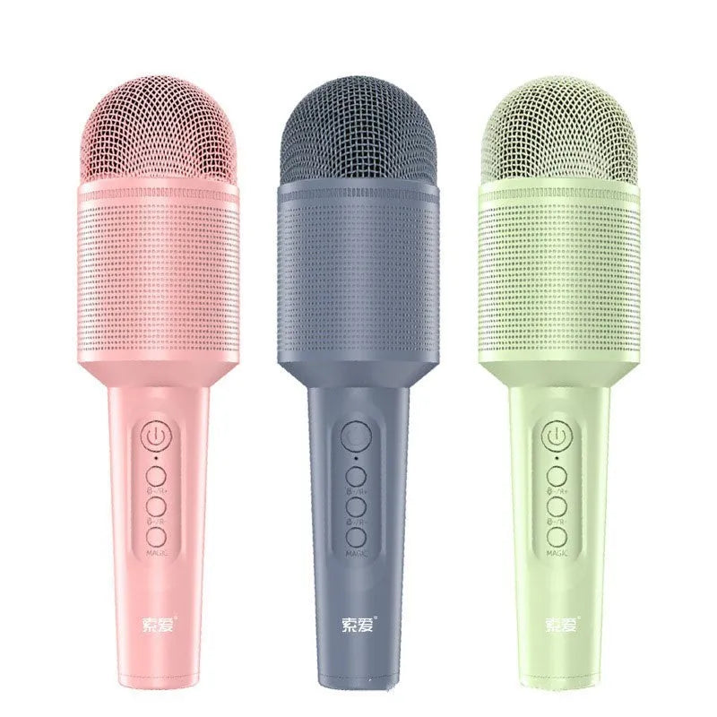 Wireless Bluetooth karaoke microphone in pink, blue, or green with USB connectivity