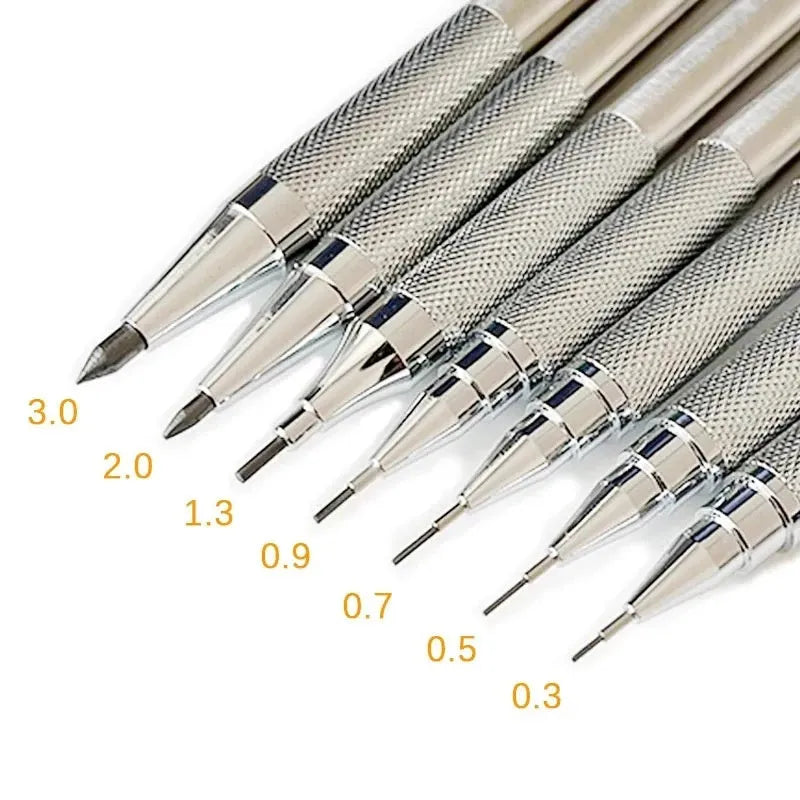 Silver metal automatic mechanical pencil with various lead size options shown.