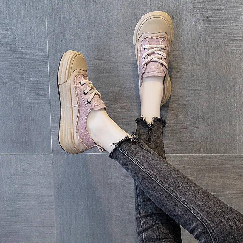 Women's leather platform sneakers in matcha green with round toe and lace-up design