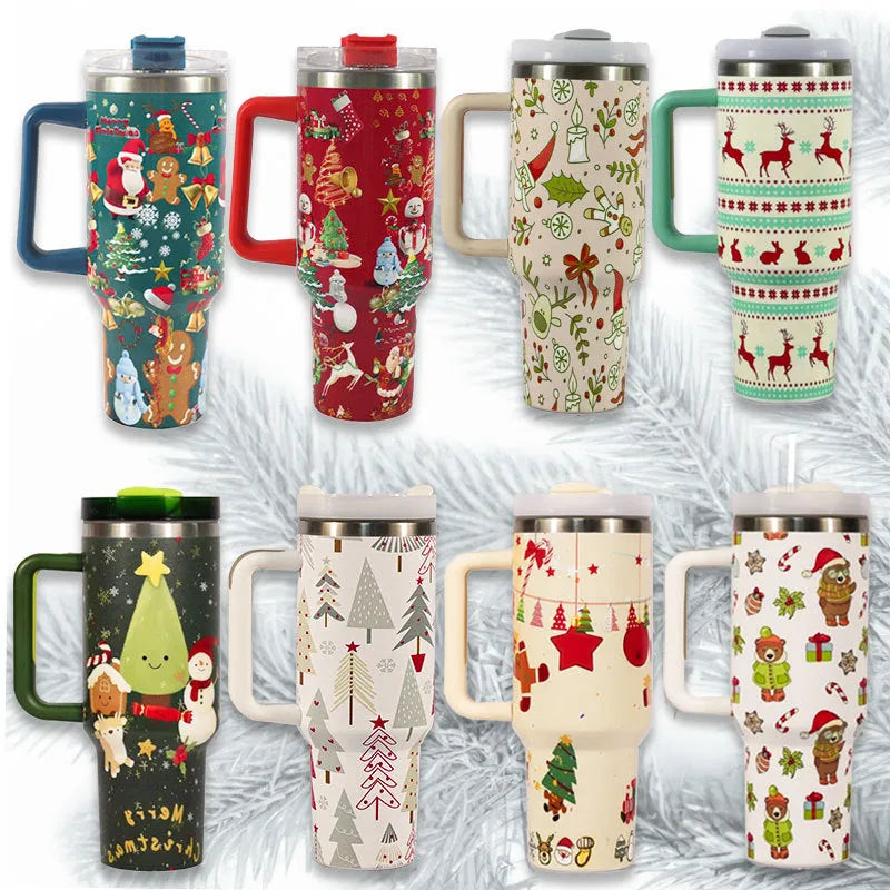 Christmas pattern stainless steel vacuum tumbler with handle and straw, 1200ml capacity, leakproof lid