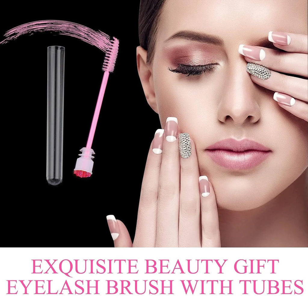 Disposable eyelash brushes in blue, green, pink, and purple colours with transparent storage tubes