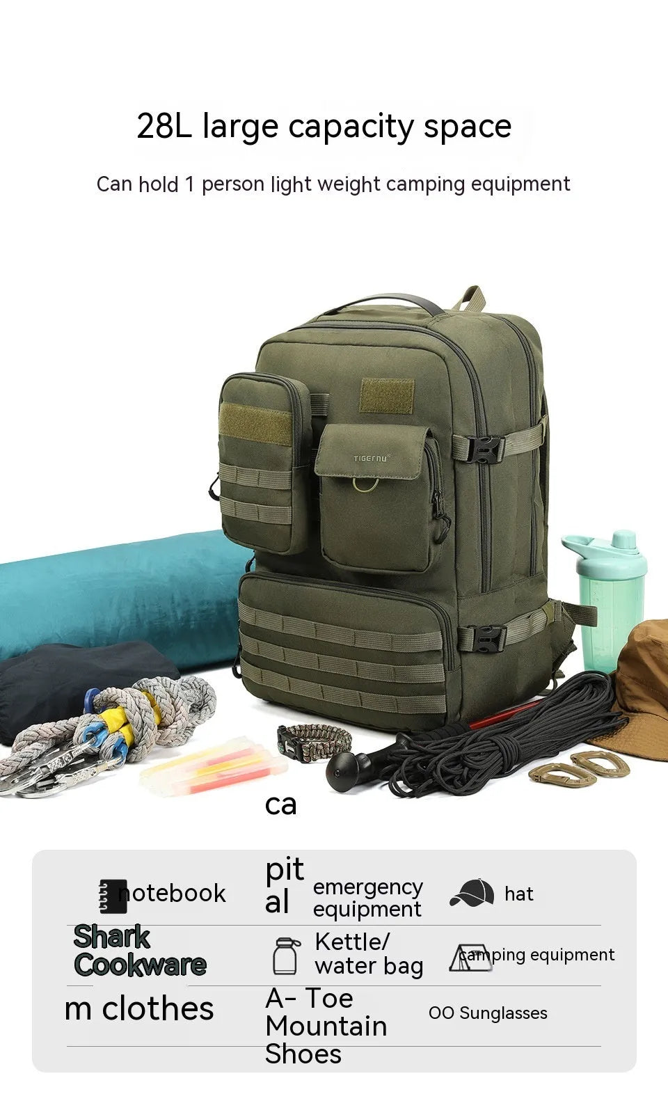 Army green waterproof tactical backpack with 17-inch size and 20-35 litre capacity