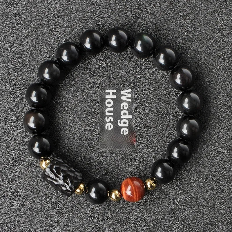 Unisex obsidian bracelet with 10mm round tiger eye beads in yellow, handcrafted retro style