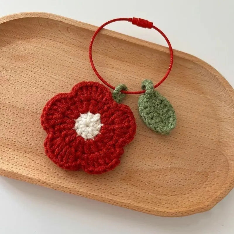 Hand crochet finished knitting pendant small red flower plush wool decoration