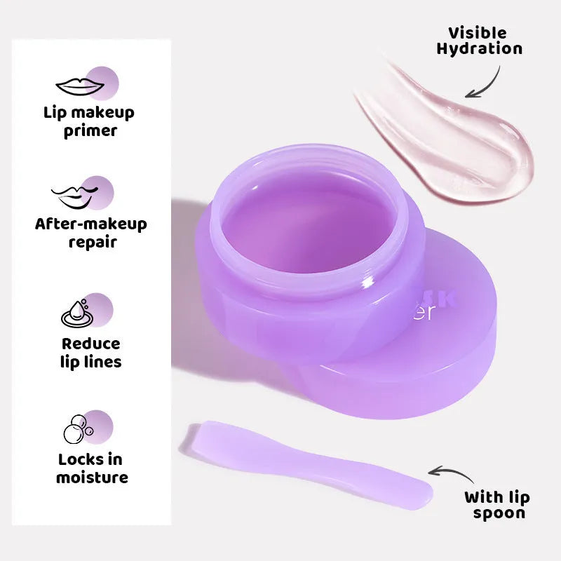 10ml pot of lip balm exfoliating mask and a metal lip scraper tool on a white background.