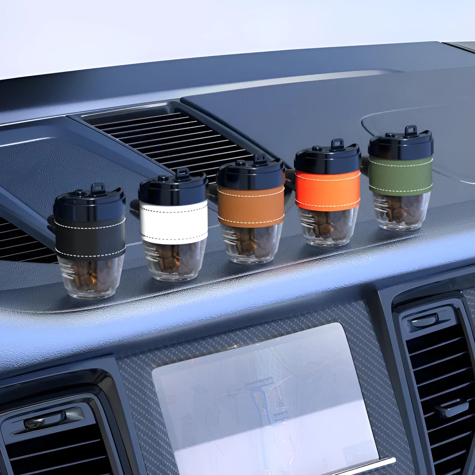 Coffee cup-shaped car air freshener with solid coffee beans fragrance in multiple colour options
